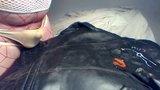Cum on vintage leather biker jacket wearing two dirty thongs snapshot 15