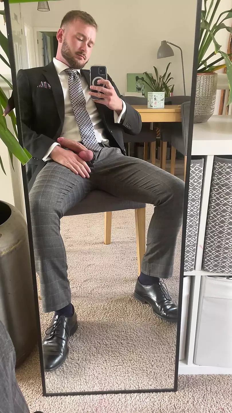 Flopped Cock Out Of Suited Trousers British Gay Masturbation Porn