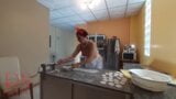 Nudist housekeeper Regina Noir cooking in the kitchen. Naked maid makes dumplings. snapshot 1