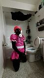 Sissy Maid Cleaning Bathroom in Steel Chastity Belt with Dildo Locked in Place snapshot 12