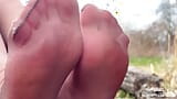 Goddess cute soles and toes in tan pantyhose from walk in the spring forest snapshot 3