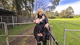 Goth whore flashing by a busy road and on a golf course snapshot 8