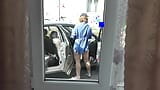 Sexy MILF in bathrobe without panties cleans interior car in courtyard of house. No panties. Naked in public. Outdoor. Outside snapshot 6