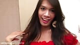 Brunette ladyboy with long legs plays with her hairy dick in snapshot 1