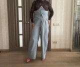 Crossdresser in blue high waist corset jeans, crop top and high heels cum and dance for her BDSM master like a cuckold snapshot 1