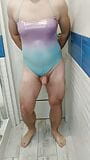 Tranny in sexy rainbow shiny swimsuit snapshot 2