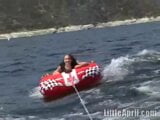 Sexy teen Little April playing with her snatch outdoors in rubber boat snapshot 15