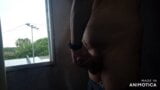 Mature man masturbating in front of window with the rain. snapshot 14