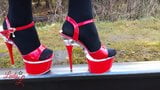 Lady L walking metal road with sexy red high heels! snapshot 8