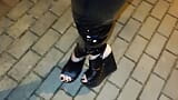 public crossdressing - latex leggings and platform wedges snapshot 4