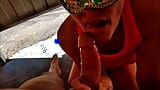 Married bitch giving blowjob and asking male to cum in her mouth in home garage snapshot 3