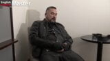 English Leather Master wanks his uncut cock with leather gloves to big cumshot - PREVIEW snapshot 9