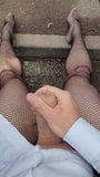Ruined cumshot!  Really pathetic dribble in fishnets by road snapshot 3