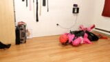 Crawling Hogtied with 10lb Weight Tied to Balls in Chastity and Gagged snapshot 3