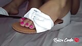 Footjob Wearing White Sandals and Leather Skirt with Lots of Cum snapshot 3