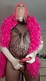Black fishnet body stocking and pink feather boa, ass stuffed with pink vibrater snapshot 12