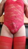 Dressing, masturbating and cumming in red lace body snapshot 1