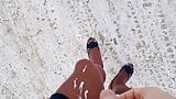 Cumshot in the snow with double layered pantyhose and high heels snapshot 7