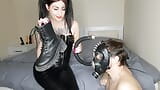 Gas mask play, shoe fetish, shoe smell fetish. Dominatrix Nika makes her gas masked slave sniff shoes and outdoor boots. snapshot 13