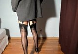 elegant woman in gray suit, and dark black vintage stockings snapshot 15