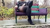 Depraved curvy MILF masturbates sitting on a bench through torn pantyhose snapshot 1