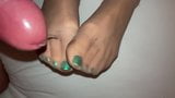 Cumshot on nylon stockings feet green nail polished toes snapshot 1