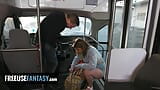 Chauffeur met grote lul neukt de hete milf cougar Katie Morgan en haar jonge vriend Ginger Grey in zijn bus snapshot 9