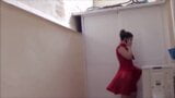 brunette woman in red skirt  dress flys up snapshot 6