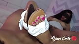 Footjob Wearing White Sandals and Leather Skirt with Lots of Cum snapshot 9