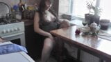 MILF solo. Squirt. In morning in kitchen, sexy Milf drinks coffee, masturbates wet pussy, gets strong orgasm and squirts snapshot 4