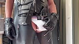 Different view, showing off my arse and bulge in leather chaps boots and bulging jockstrap and leather gloves snapshot 13