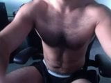 Furry chested muscle bate and cum while talking on mobile snapshot 14