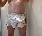 Showering in my sexy old adidas white Liverpool nylon football shorts from the 80’s snapshot 11