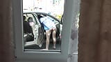 Sexy MILF in bathrobe without panties cleans interior car in courtyard of house. No panties. Naked in public. Outdoor. Outside snapshot 5