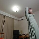 Japanese crossdresser cumshots when excited by genitals touched by long dress. snapshot 1