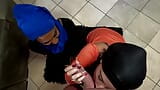 Two Muslim hijab woman on their knees sucking dick and getting their faces covered with cum snapshot 12