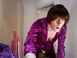 jess silk riding dildo in purple satin dress and shiny purple jacket wth short wig snapshot 16