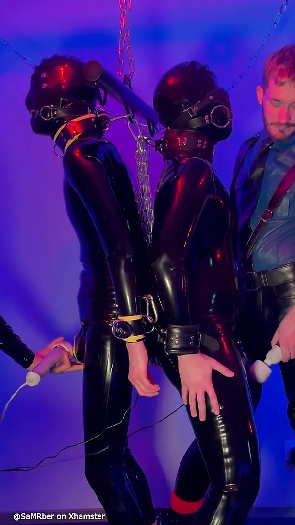 Rubber Bdsm Gay Porn Electro Session for the Two Rubber Slave Tied Together Gay Group Sex Anal Porn