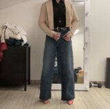 Office tranny in wide leg palazzo flared jeans, shirt body and crop jacket masturbating to be trained to cum in office snapshot 11