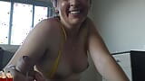 My wife answer delivery guys wearing micro biquini. She shows her nipples at the balcony for their. snapshot 20