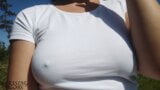 Nice walk without a bra, nipples shine through my white shirt (see through shirt) - boob walk snapshot 3