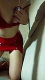 Daytime home striptease in red lingerie snapshot 10
