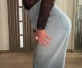 Crossdresser in blue high waist corset jeans, crop top and high heels cum and dance for her BDSM master like a cuckold snapshot 3