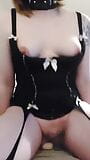 horny trans rides dildo with collar on. snapshot 3