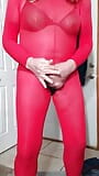 Gay Crossdresser masturbate and cum in red nylon bodystocking. snapshot 9