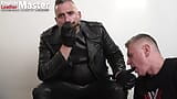 Cigar smoking Master's leather gloves and jeans worshipped by slave PREVIEW snapshot 3