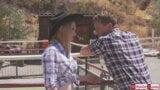 Busty blonde tgirl Kayleigh Coxx gets barebacked by a cowboy snapshot 3