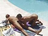 Two horny dudes and a slim French woman having a great time near the pool snapshot 5