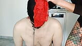 Dirty panty fetish. Dominatrix Nika makes the slave smell her red worn panties. snapshot 8