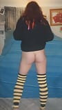 Teasing in my black jumper and black and yellow socks with my new gold chain pantys snapshot 3